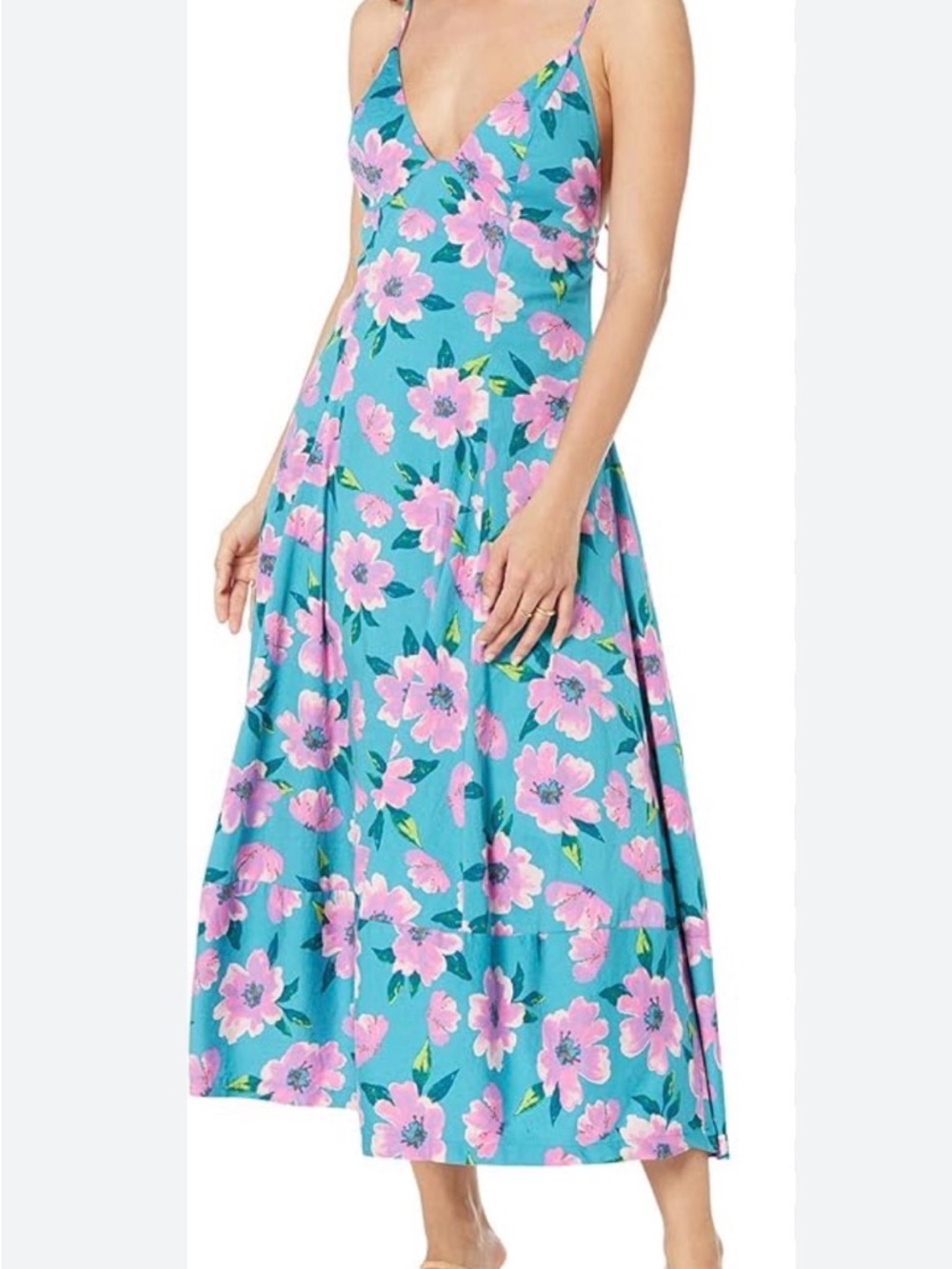 Free People Aqua Turquoise Floral Midi Dress with Pink Flowers